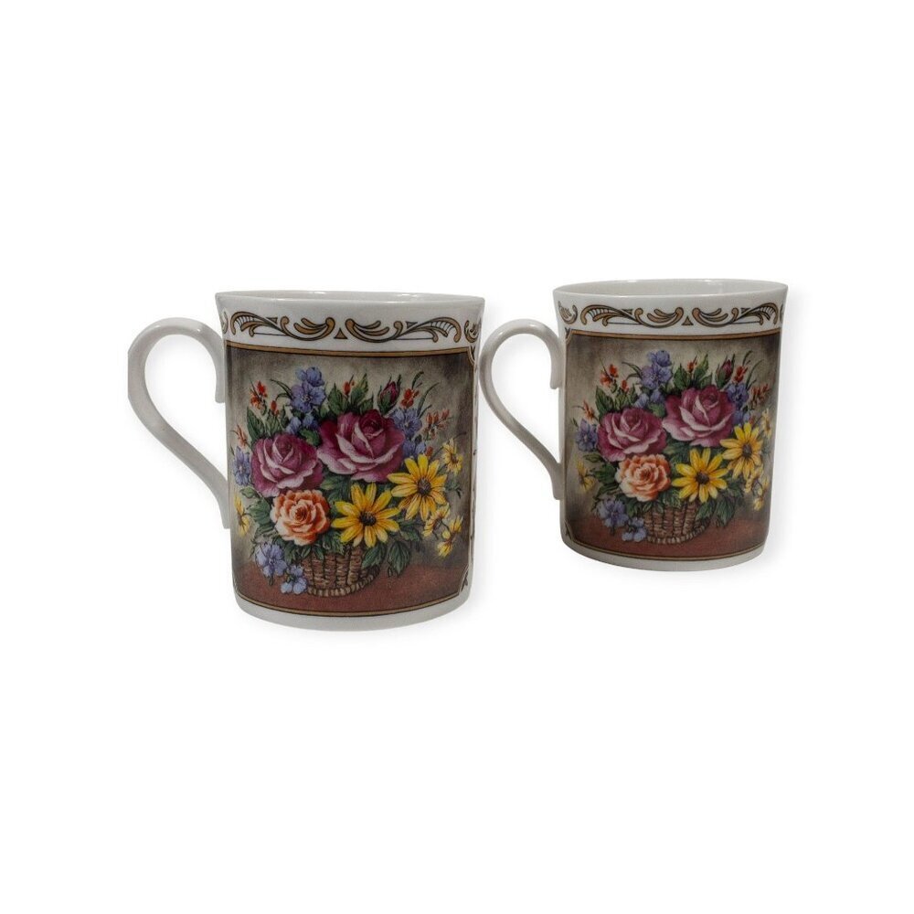 Royal Worcester Porcelain Floral Bouquet Scroll Coffee/Tea Mugs Set Of 2 Fine Bo